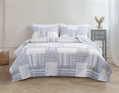 Blue And White Striped Cotton Quilt Set