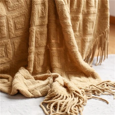 Camel Knit Throw Blanket with Tassels