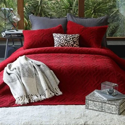 Soft Red Embroidered Quilt Set