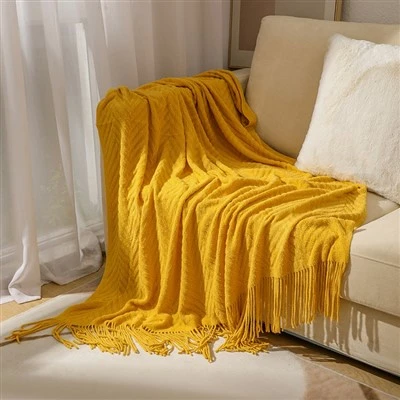 Yellow Knitted Herringbone Throw Blanket